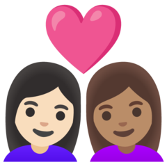 Como o emoji do Casal apaixonado: mulher, mulher, pele clara e pele morena é exibido no Google.