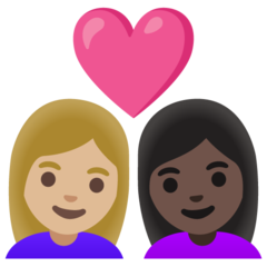 Bagaimana emoji Pasangan dengan simbol hati: perempuan, perempuan, ton kulit sederhana cerah dan ton kulit gelap kelihatan di Google.