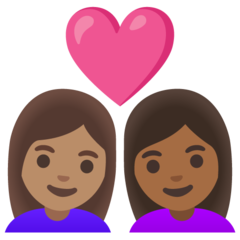 Hoe Stel met hart: vrouw, vrouw, getinte huidskleur, donkergetinte huidskleur emoji eruit ziet op Google.