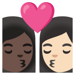 A quoi ressemblent les emoji Bisou : femme, femme, peau foncée et peau claire sur Google.