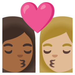 How Kiss: Woman, Woman, Medium-Dark Skin Tone, Medium-Light Skin Tone emoji looks on Google.