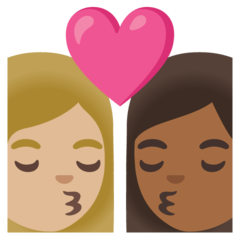 How Kiss: Woman, Woman, Medium-Light Skin Tone, Medium-Dark Skin Tone emoji looks on Google.