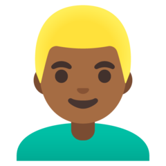 How Man: Medium-Dark Skin Tone, Blond Hair emoji looks on Google.