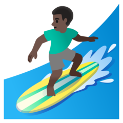 How Man Surfing: Dark Skin Tone emoji looks on Google.