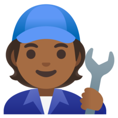 Wie Mechaniker(in): mitteldunkle Hautfarbe Emoji auf Google aussieht.