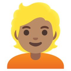 Hvordan Person: hudtype 4, blond emoji ser ut på Google.