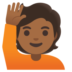 How Person Raising Hand: Medium-Dark Skin Tone emoji looks on Google.