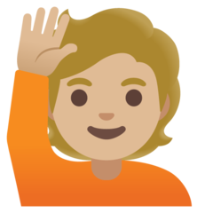 How Person Raising Hand: Medium-Light Skin Tone emoji looks on Google.