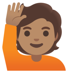 How Person Raising Hand: Medium Skin Tone emoji looks on Google.