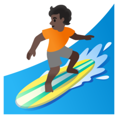 How Person Surfing: Dark Skin Tone emoji looks on Google.