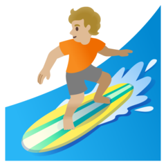 How Person Surfing: Medium-Light Skin Tone emoji looks on Google.