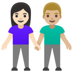 Cómo se ve el emoji Mujer y hombre de la mano: tono de piel claro y tono de piel claro medio en Google.