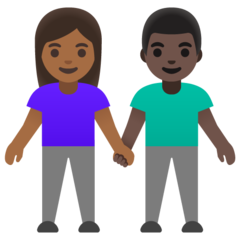 Hoe Man en vrouw hand in hand: donkergetinte huidskleur, donkere huidskleur emoji eruit ziet op Google.