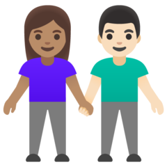 Hoe Man en vrouw hand in hand: getinte huidskleur, lichte huidskleur emoji eruit ziet op Google.