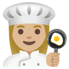 How Woman Cook: Medium-Light Skin Tone emoji looks on Google.