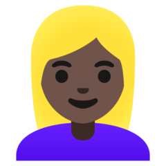 Hoe Vrouw met blond haar: donkere huidskleur emoji eruit ziet op Google.