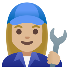 How Woman Mechanic: Medium-Light Skin Tone emoji looks on Google.