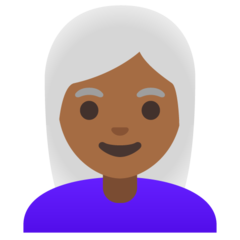 Cómo se ve el emoji Mujer: tono de piel oscuro medio y pelo blanco en Google.