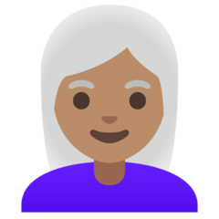 Wie Frau: mittlere Hautfarbe, weißes Haar Emoji auf Google aussieht.