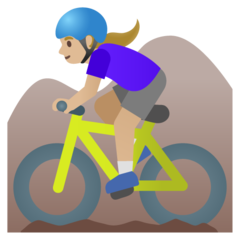 Come Ciclista donna di mountain bike: carnagione abbastanza chiara emoji appare su Google.