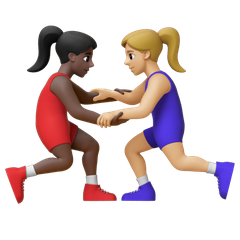 A quoi ressemblent les emoji Lutteuses : peau foncée et peau moyennement claire sur Google.