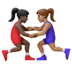 A quoi ressemblent les emoji Lutteuses : peau foncée et peau légèrement mate sur Google.