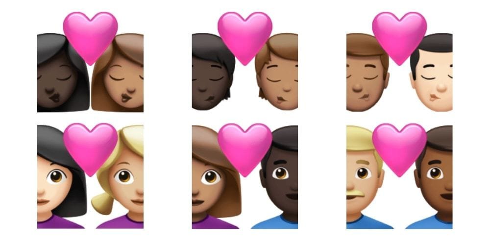 kiss and couple with heart emojis with skin tone modifiers in apple ios 14.5