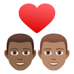 A quoi ressemblent les emoji Couple avec cœur : homme, homme, peau mate et peau légèrement mate sur Joypixels.