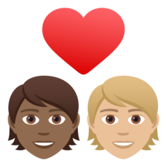 A quoi ressemblent les emoji Couple avec cœur : adulte, adulte, peau mate et peau moyennement claire sur Joypixels.