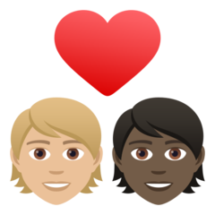 A quoi ressemblent les emoji Couple avec cœur : adulte, adulte, peau moyennement claire et peau foncée sur Joypixels.