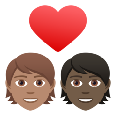 A quoi ressemblent les emoji Couple avec cœur : adulte, adulte, peau légèrement mate et peau foncée sur Joypixels.