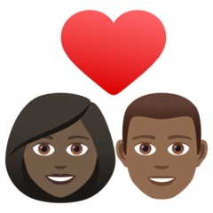 Come Coppia con cuore: donna, uomo, carnagione scura e carnagione abbastanza scura emoji appare su Joypixels.