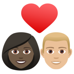 Come Coppia con cuore: donna, uomo, carnagione scura e carnagione abbastanza chiara emoji appare su Joypixels.