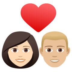 Come Coppia con cuore: donna, uomo, carnagione chiara e carnagione abbastanza chiara emoji appare su Joypixels.