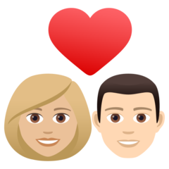 Come Coppia con cuore: donna, uomo, carnagione abbastanza chiara e carnagione chiara emoji appare su Joypixels.