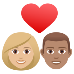 Come Coppia con cuore: donna, uomo, carnagione abbastanza chiara e carnagione olivastra emoji appare su Joypixels.