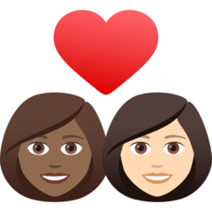 Bagaimana emoji Pasangan dengan simbol hati: perempuan, perempuan, ton kulit sederhana gelap dan ton kulit cerah kelihatan di Joypixels.