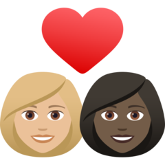 Bagaimana emoji Pasangan dengan simbol hati: perempuan, perempuan, ton kulit sederhana cerah dan ton kulit gelap kelihatan di Joypixels.