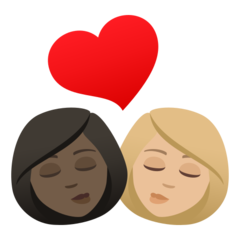 How Kiss: Woman, Woman, Dark Skin Tone, Medium-Light Skin Tone emoji looks on Joypixels.