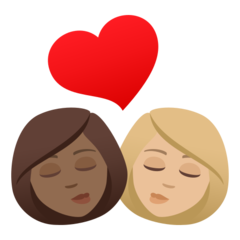 How Kiss: Woman, Woman, Medium-Dark Skin Tone, Medium-Light Skin Tone emoji looks on Joypixels.