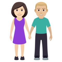 Cómo se ve el emoji Mujer y hombre de la mano: tono de piel claro y tono de piel claro medio en Joypixels.