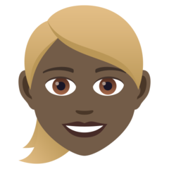 Hoe Vrouw met blond haar: donkere huidskleur emoji eruit ziet op Joypixels.