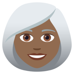 Cómo se ve el emoji Mujer: tono de piel oscuro medio y pelo blanco en Joypixels.