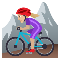 Come Ciclista donna di mountain bike: carnagione abbastanza chiara emoji appare su Joypixels.