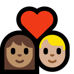 A quoi ressemblent les emoji Couple avec cœur : femme, homme, peau légèrement mate et peau moyennement claire sur Microsoft.