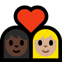 Bagaimana emoji Pasangan dengan simbol hati: perempuan, perempuan, ton kulit gelap dan ton kulit sederhana cerah kelihatan di Microsoft.