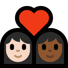 A quoi ressemblent les emoji Couple avec cœur : femme, femme, peau claire et peau mate sur Microsoft.