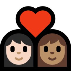 Como o emoji do Casal apaixonado: mulher, mulher, pele clara e pele morena é exibido no Microsoft.