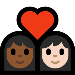 Bagaimana emoji Pasangan dengan simbol hati: perempuan, perempuan, ton kulit sederhana gelap dan ton kulit cerah kelihatan di Microsoft.