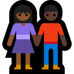 Hoe Man en vrouw hand in hand: donkergetinte huidskleur, donkere huidskleur emoji eruit ziet op Microsoft.